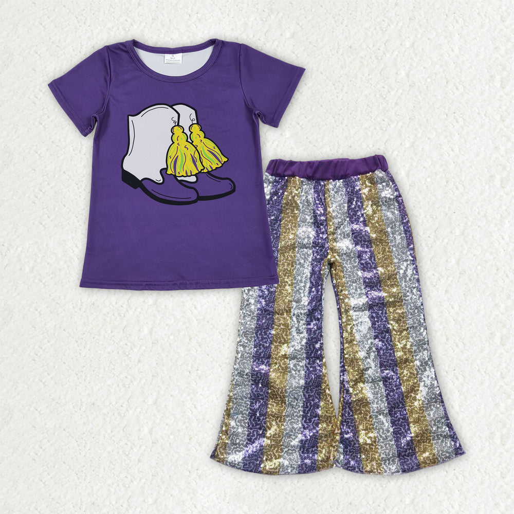 Baby Girls Purple Boots Tassel Top Stripe Sequin Flare Pants Mardigras Clothes Sets