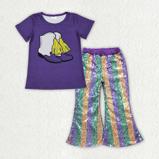 Baby Girls Purple Boots Tassel Top Stripe Sequin Flare Pants Mardigras Clothes Sets