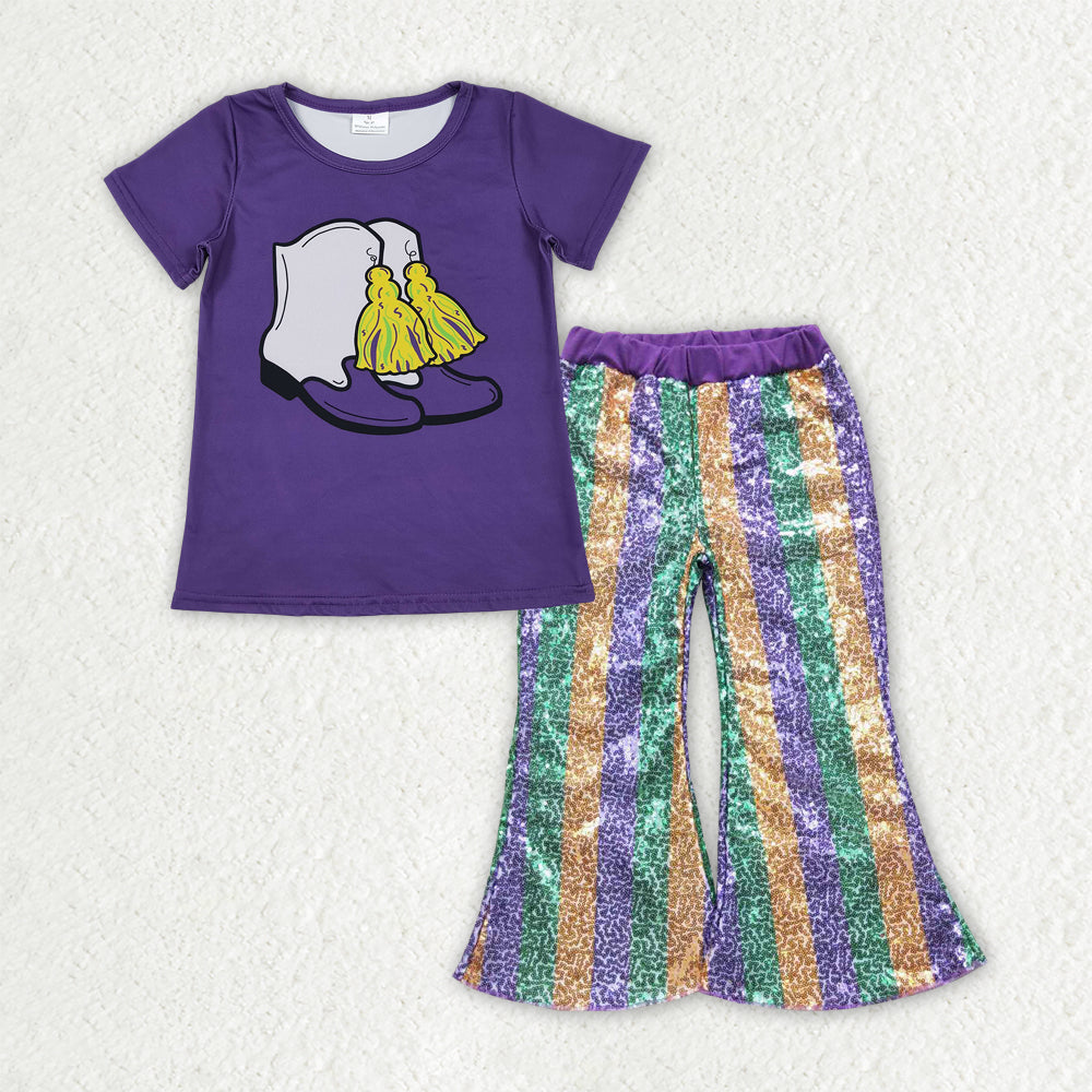 Sibling Baby Girls Mardigras Top Sequin Stripe Flare Pants Clothes Sets