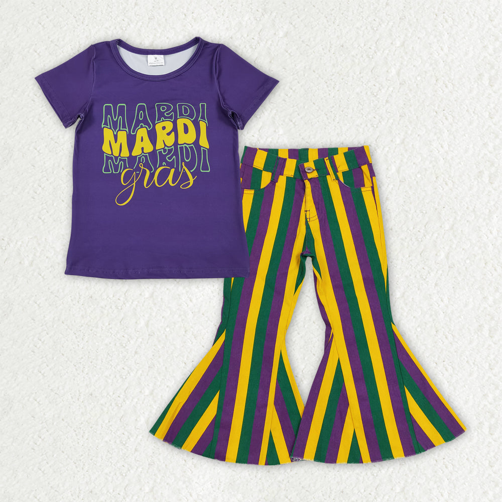 Sibling Baby Girls Mardigras Top Denim Bell Bottom Pants Clothes Sets