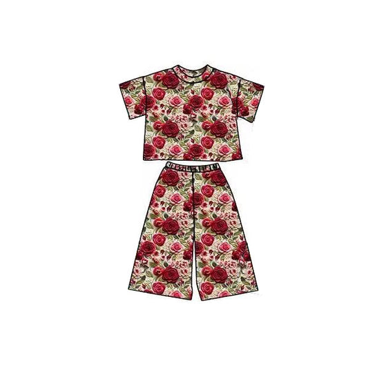 Baby Girls Red Flowers Plaid Top Flare Pants Clothes Sets Preorder