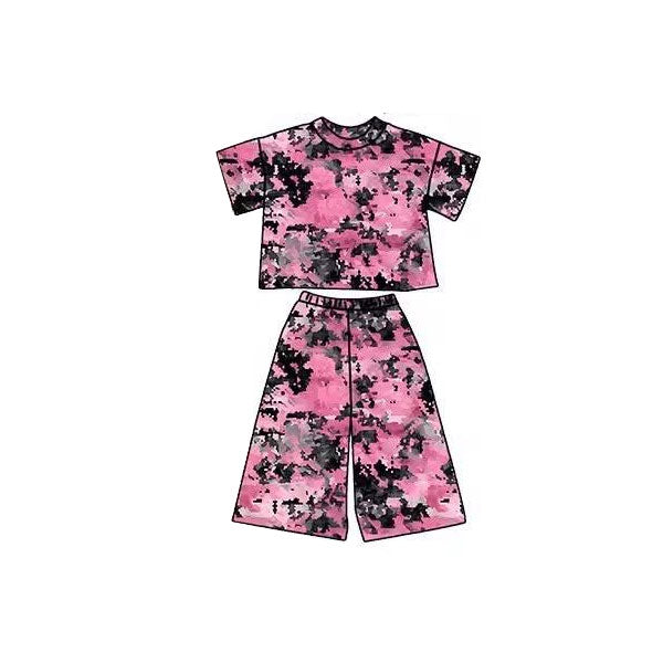 Baby Girls Pink Black Tie-dye Camo Top Flare Pants Clothes Sets Preorder