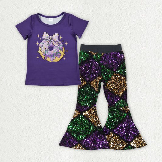 Baby Girls Purple Bows Donuts Top Sequin Bell Bottom Pants Mardigras Clothes Sets