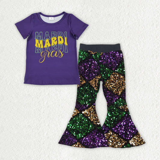 Baby Girls Purple Shirts Top Sequin Bell Bottom Pants Mardigras Clothes Sets