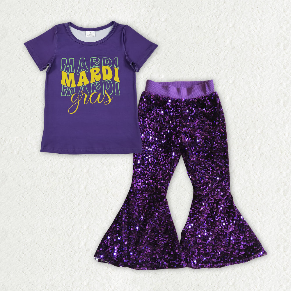 Sibling Baby Girls Mardigras Top Sequin Bell Bottom Pants Clothes Sets