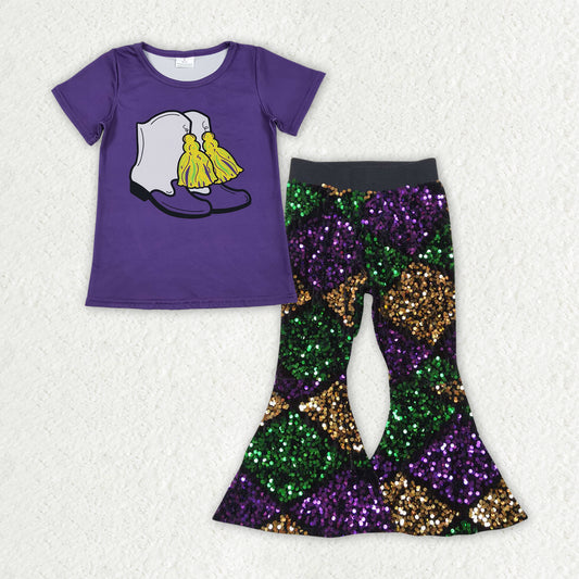 Baby Girls Purple Boots Tassel Top Sequin Bell Bottom Pants Mardigras Clothes Sets