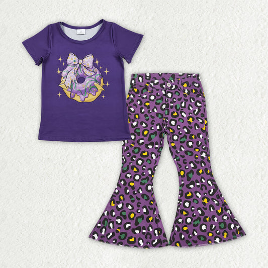 Baby Girls Purple Bow Donuts Top Leopard Denim Bell Bottom Pants Mardigras Clothes Sets