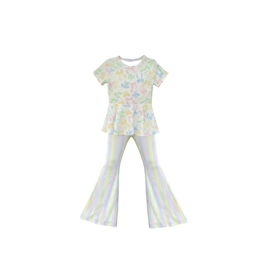 Baby Girls Colorful Bows Tunic Stripes Bell Bottom Pants Clothes Sets Preorder