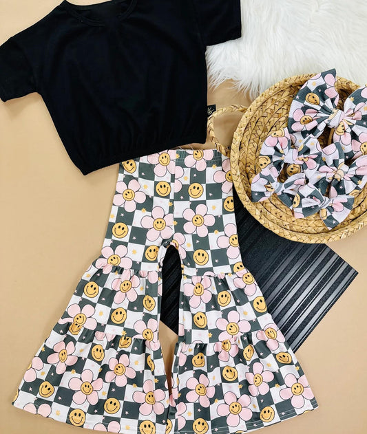 Baby Girls Black Top Smile Flowers Checked Bell Bottom Pants Clothes Sets Preorder