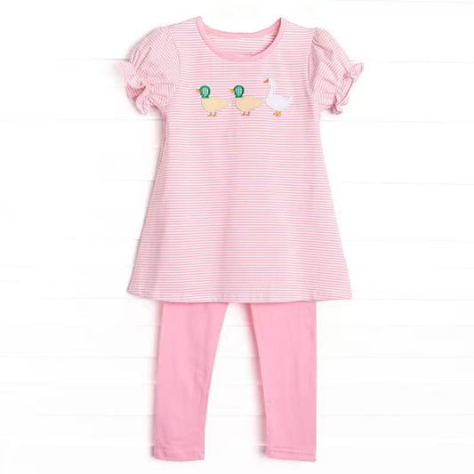 Baby Girls Pink Stripe Ducks Gooses Tunic Leggings Clothes Sets Preorder