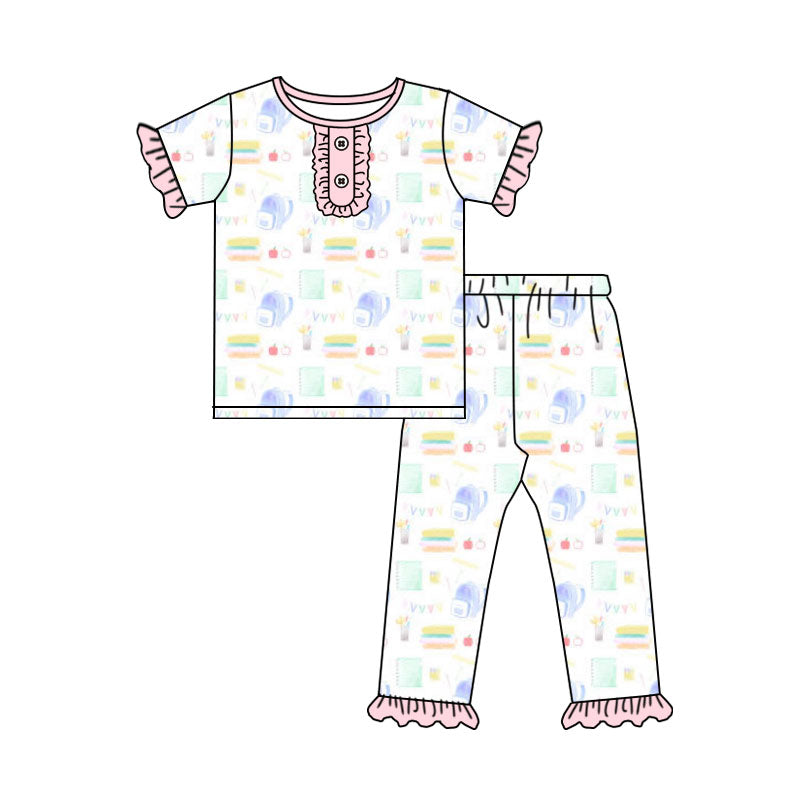 Baby Girls Button Top Ruffle Pants Back to School Pajamas Set Preorder