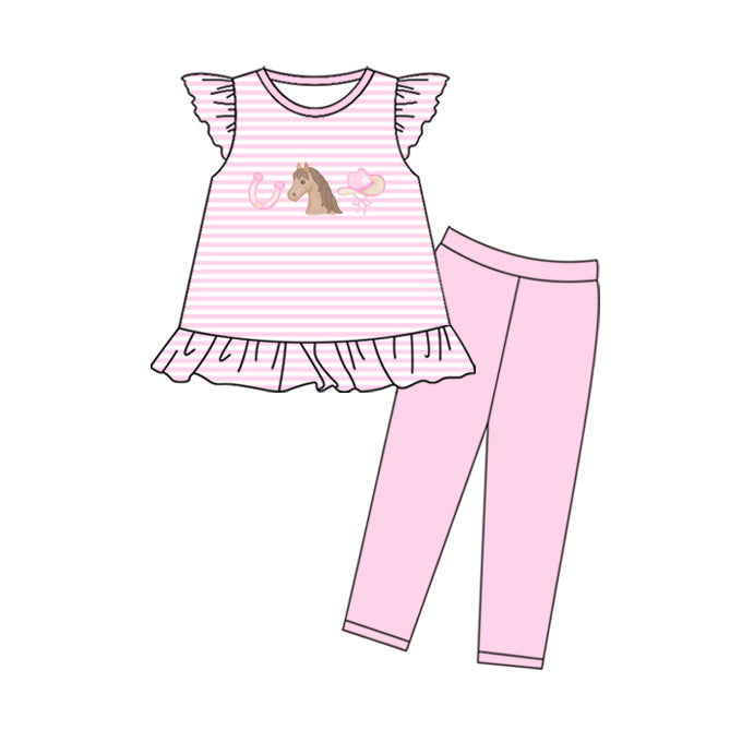 Baby Girls Pink Stripe Horses Hats Tunic Leggings Western Clothes Sets Preorder