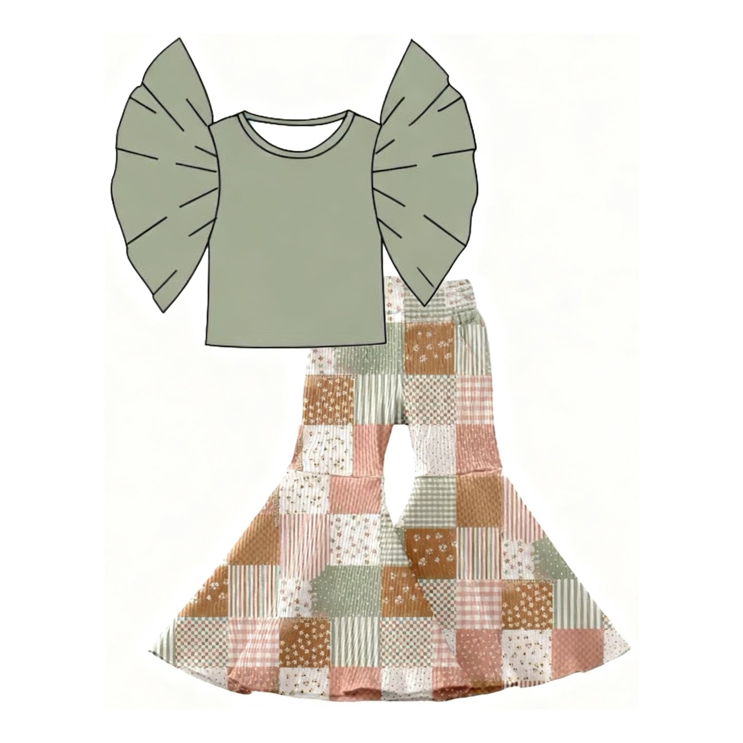 Baby Girls Olive Bell Sleeve Top Flower Checked Bell Bottom Pants Clothes Sets Preorder