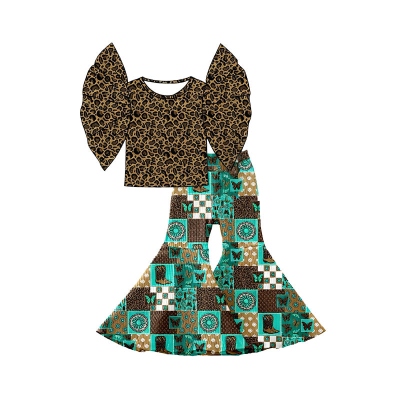 Baby Girls Leopard Bell Sleeve Top Boots Bell Bottom Pants Western Clothes Sets Preorder