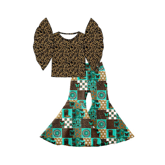 Baby Girls Leopard Bell Sleeve Top Boots Bell Bottom Pants Western Clothes Sets Preorder
