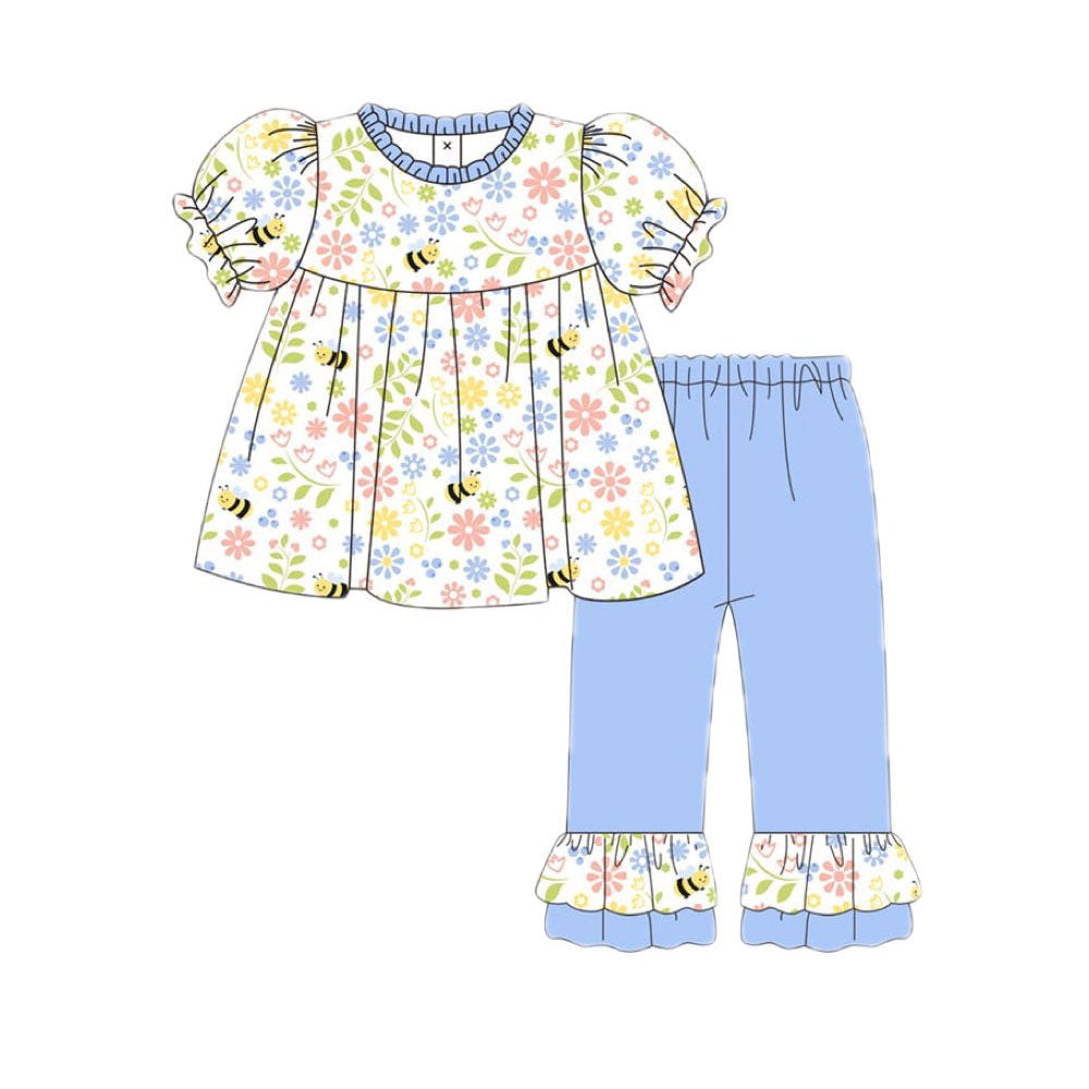 Baby Girls Short Sleeve Floral Bee Tunic Ruffle Pants Clothes Sets Preorder