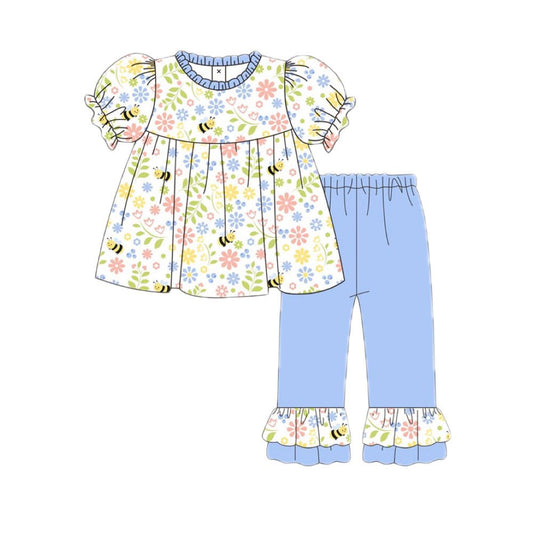 Baby Girls Short Sleeve Floral Bee Tunic Ruffle Pants Clothes Sets Preorder
