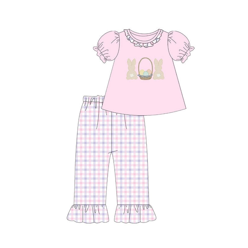 Baby Girls Rabbits Eggs Collar Tunic Checked Ruffle Pants Easter Clothes Sets Preorder