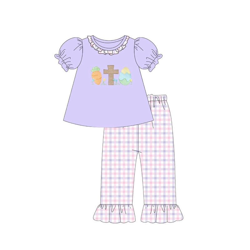 Baby Girls Carrots Cross Eggs Collar Tunic Checked Ruffle Pants Easter Clothes Sets Preorder