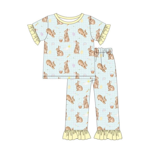Baby Girls Rabbits Eggs Checked Top Ruffle Pants Easter Pajamas Sets Preorder