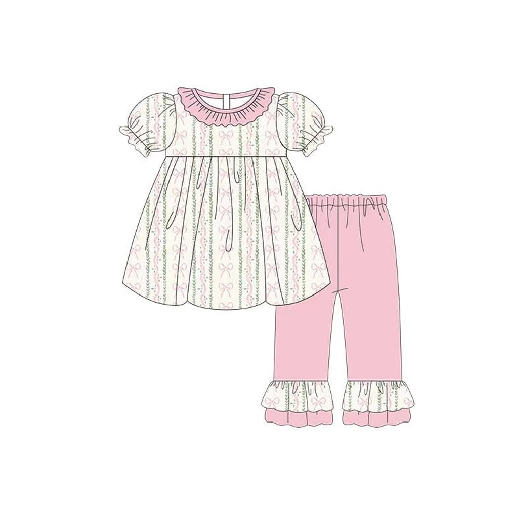 Baby Girls Pink Bows Flowers Stripe Tunic Ruffle Pants Clothes Sets Preorder