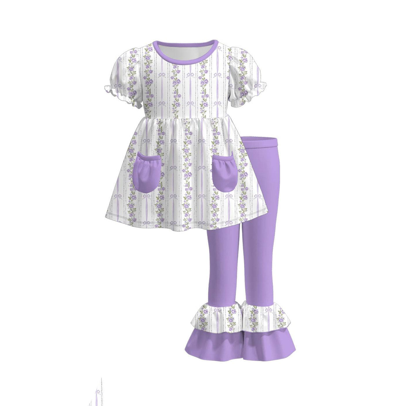 Baby Girls Bows Flowers Stripe Pockets Tunic Ruffle Pants Clothes Sets Preorder