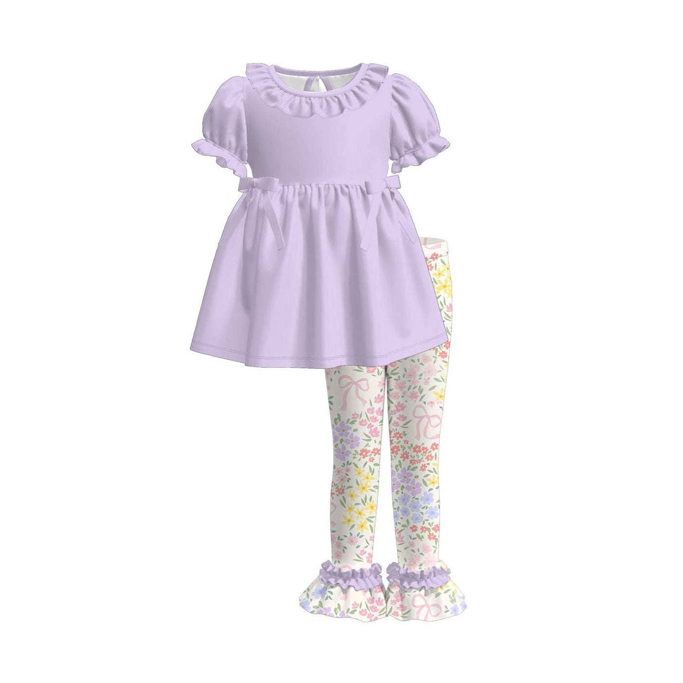 Baby Girls Lavender Collar Tunic Bows Flowers Ruffle Pants Clothes Sets Preorder