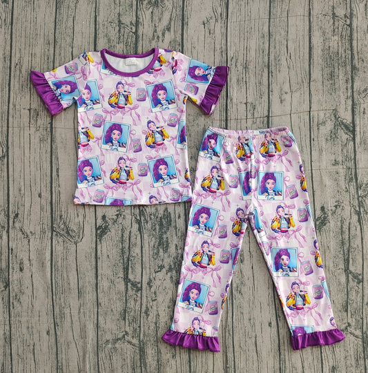 Baby Girls Purple Checked Demon Hunter Top Ruffle Pants Pajamas Sets Preorder