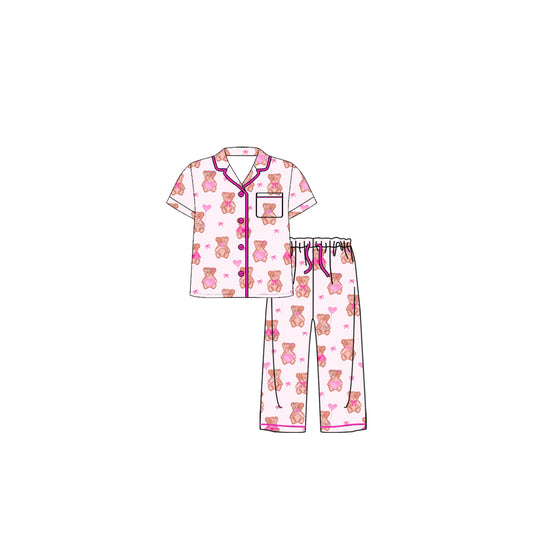 Baby Girls Heart Balloons Bears Button Pocket Pant Valentines Pajamas Sets Preorder
