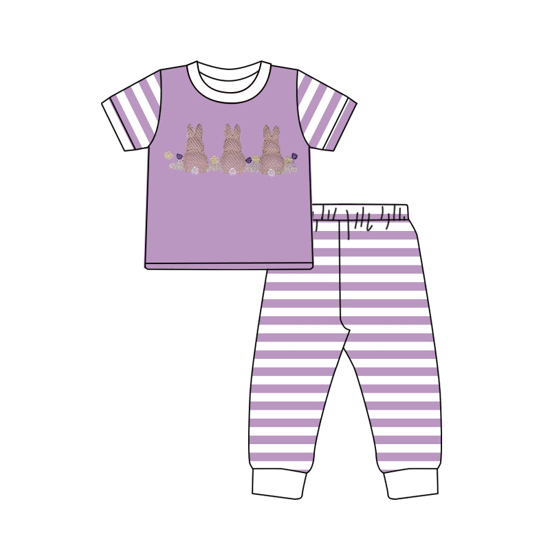 Baby Girls Flowers Rabbits Top Stripe Pants Easter Pajamas Sets Preorder