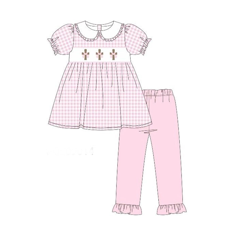 Baby Girls Pink Checked Crosses Collar Tunic Ruffle Leggings Easter Clothes Set Preorder