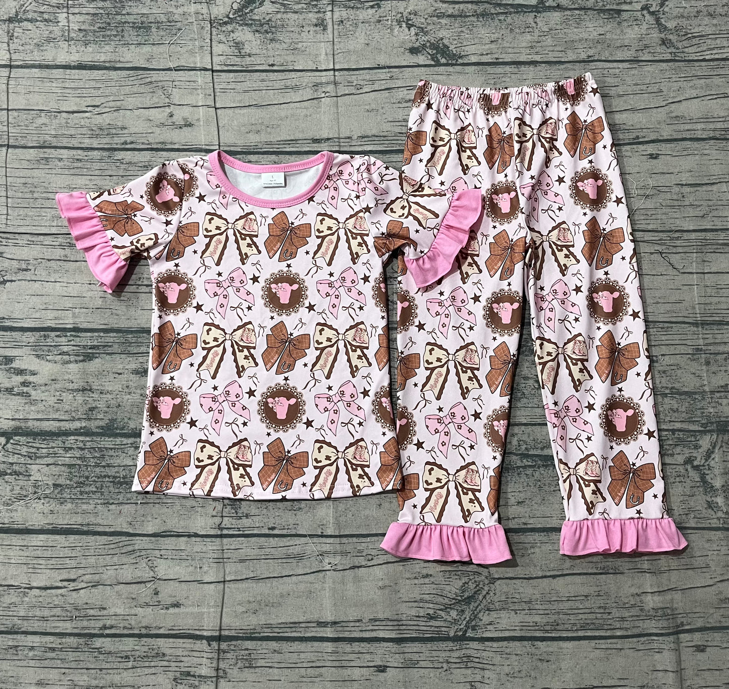 Baby Girls Flowers Highland Cows Top Ruffle Pants Western Pajamas Set