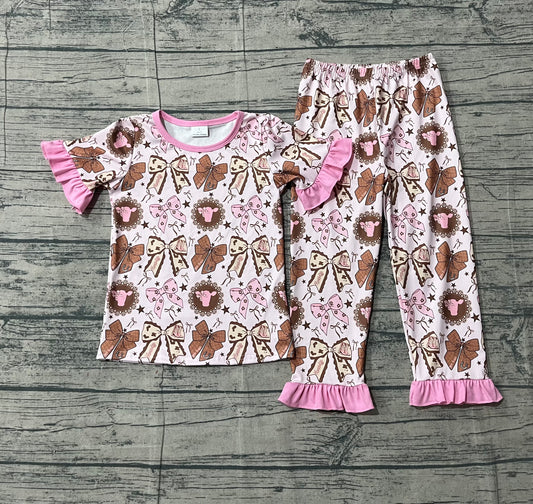 Baby Girls Flowers Highland Cows Top Ruffle Pants Western Pajamas Set