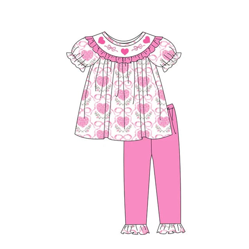 Baby Girls Bows Hearts Checked Tunic Ruffle Pants Valentines Clothes Sets Preorder