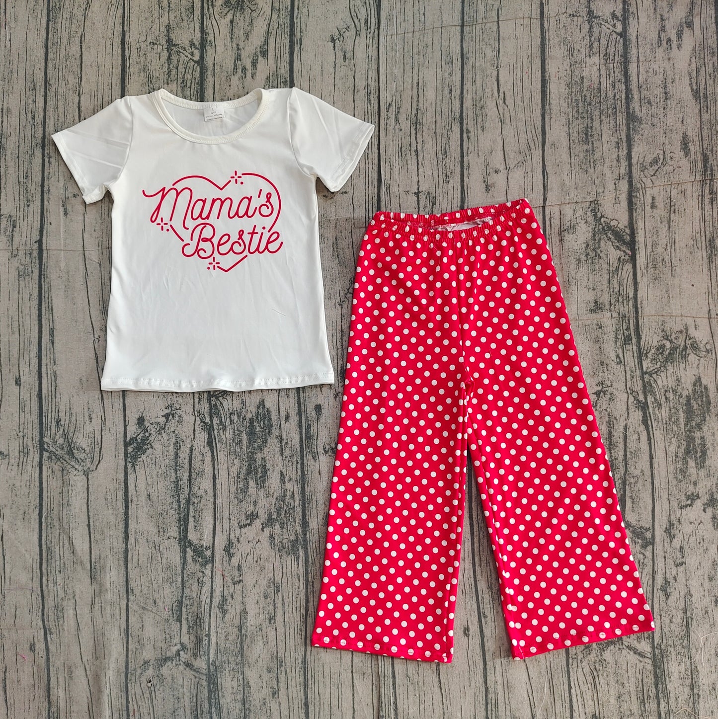 Baby Girls Mama's Bestie Heart Top Polka Dots Flare Pants Clothes Sets