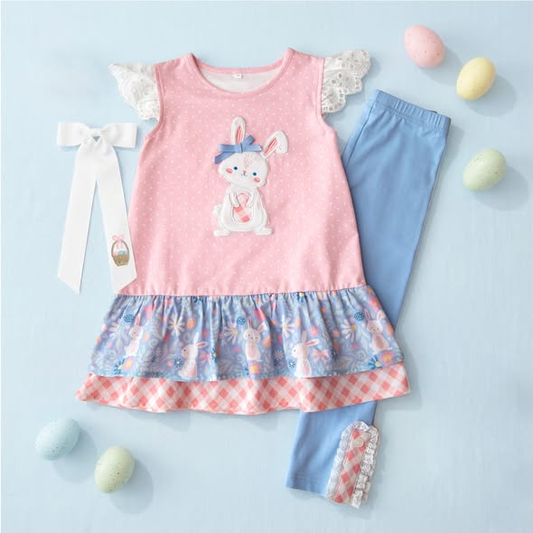 Baby Girls Flutter Sleeve Rabbits Flowers Tunic Leggings Easter Clothes Sets Preorder