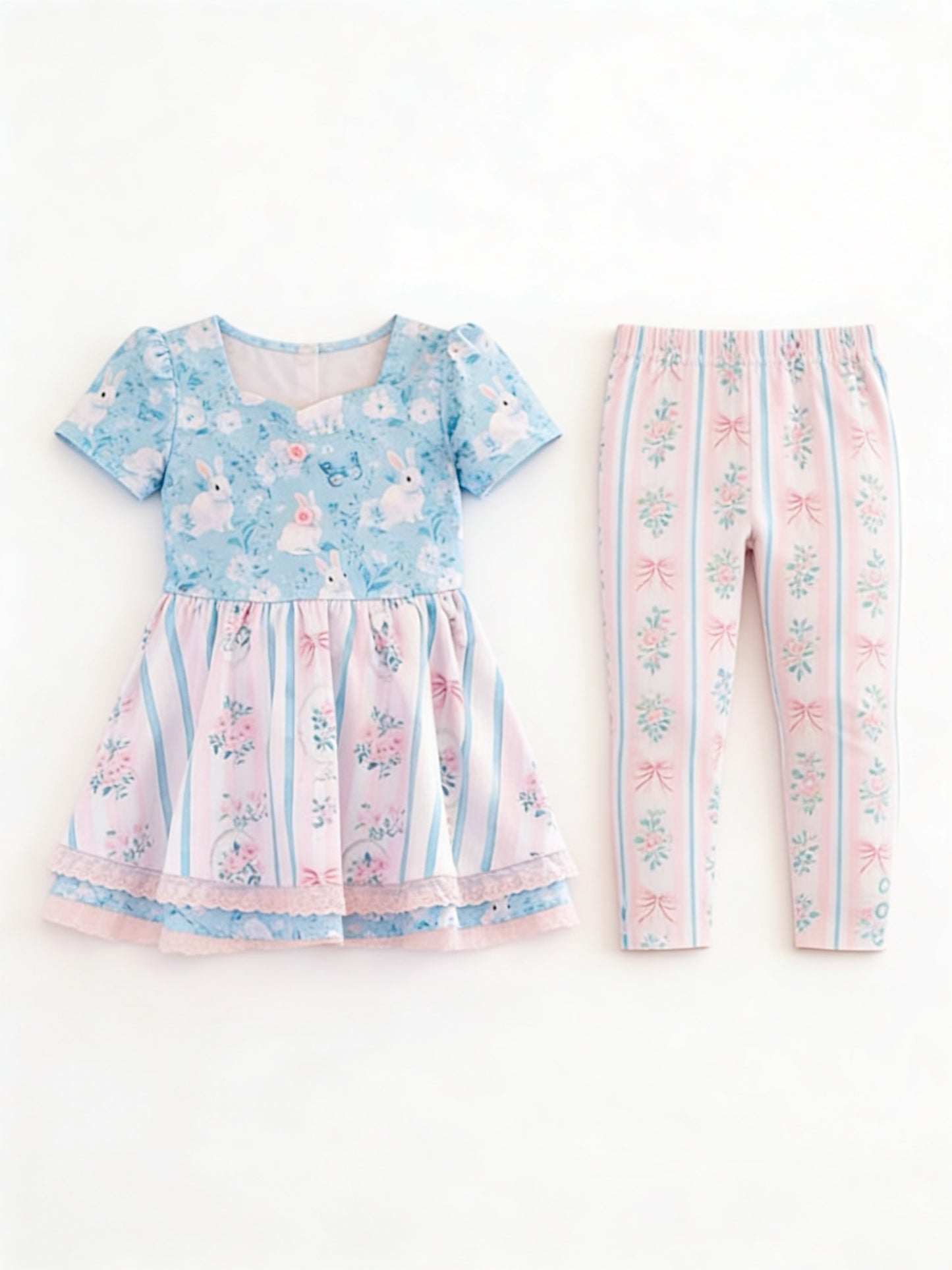 Baby Girls Rabbit Flowers Stripe Tunic Legging Pants Easter Clothes Sets Preorder
