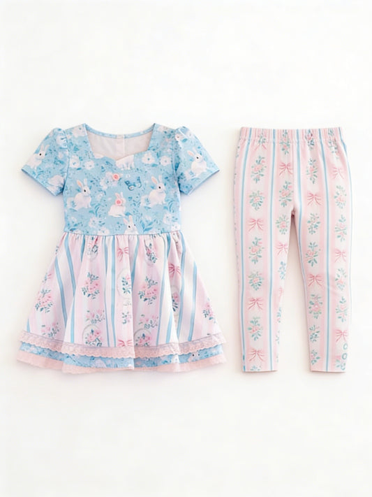 Baby Girls Rabbit Flowers Stripe Tunic Legging Pants Easter Clothes Sets Preorder