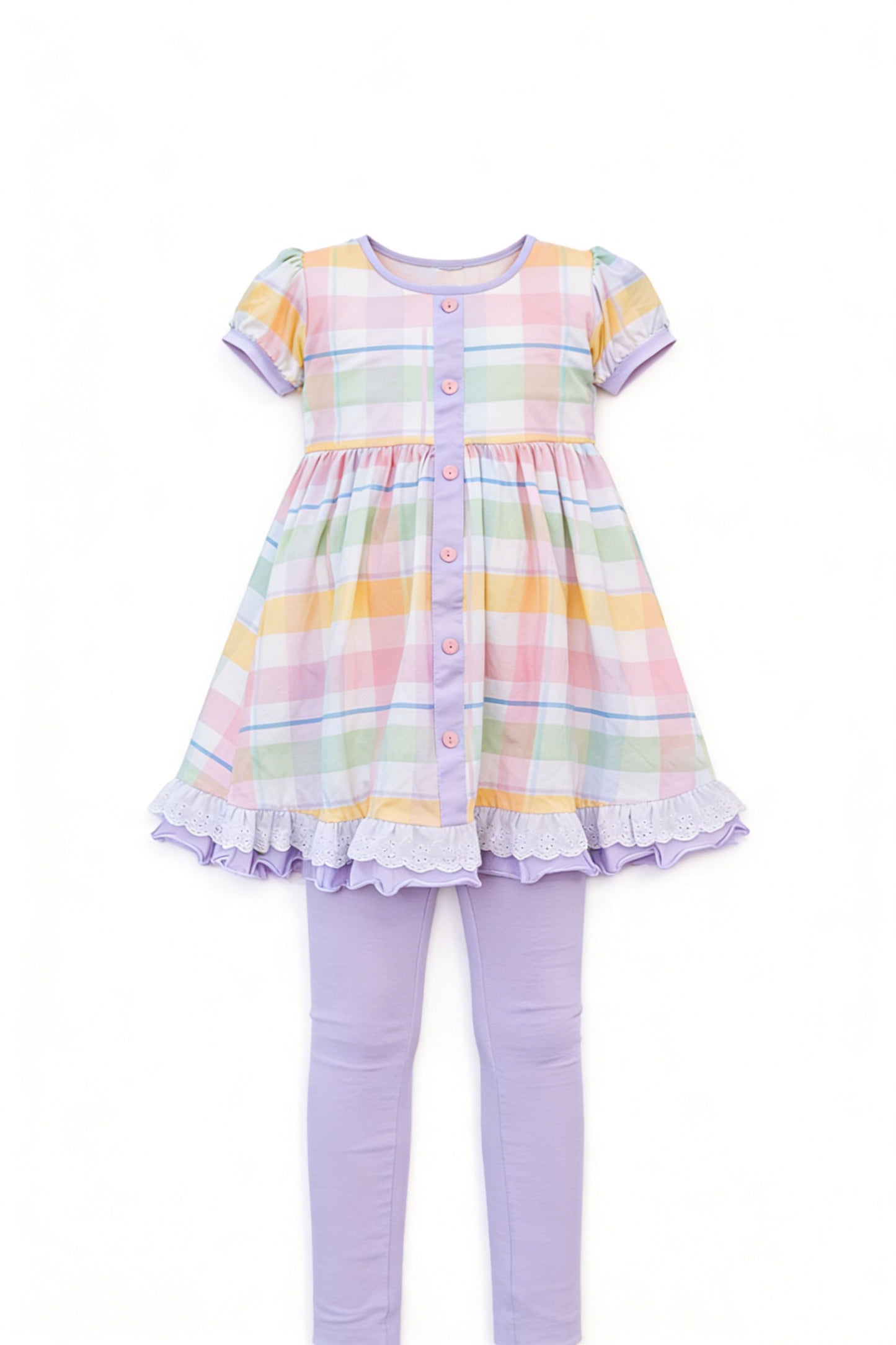 Baby Girls Colorful Checked Button Ruffle Tunic Legging Pants Clothes Set Preorder