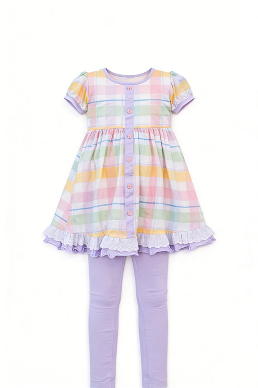 Baby Girls Colorful Checked Button Ruffle Tunic Legging Pants Clothes Set Preorder