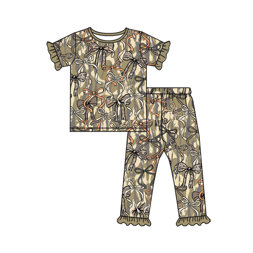 Baby Girls Southern Olive Camo Bows Top Ruffle Pants Hunting Pajamas Sets Preorder