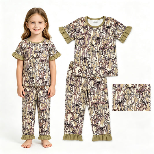 Baby Girls Wood Camo Bows Top Ruffle Pants Pajamas Sets