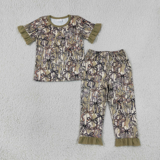 Baby Girls Wood Camo Bows Top Ruffle Pants Pajamas Sets