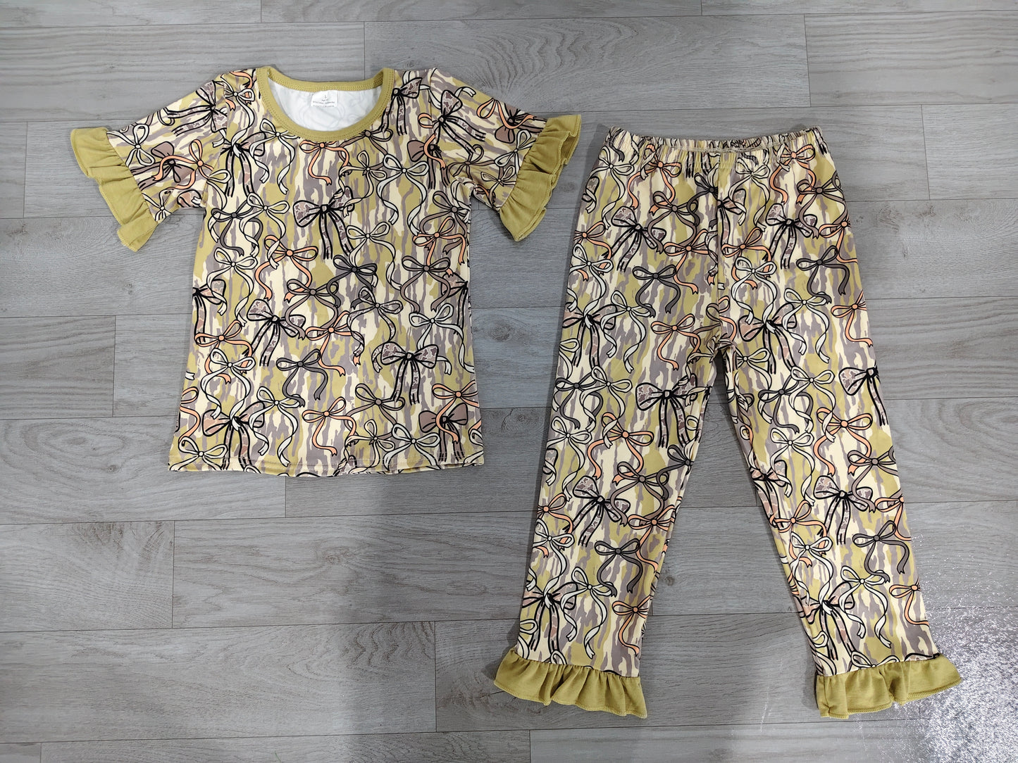 Baby Girls Southern Olive Camo Bows Top Ruffle Pants Hunting Pajamas Sets Preorder