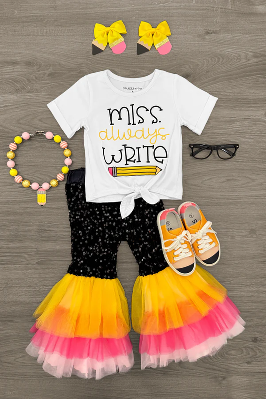 Baby Girls Miss Always Write Top Bell Bottom Pants Back to School Clothes Sets Preorder