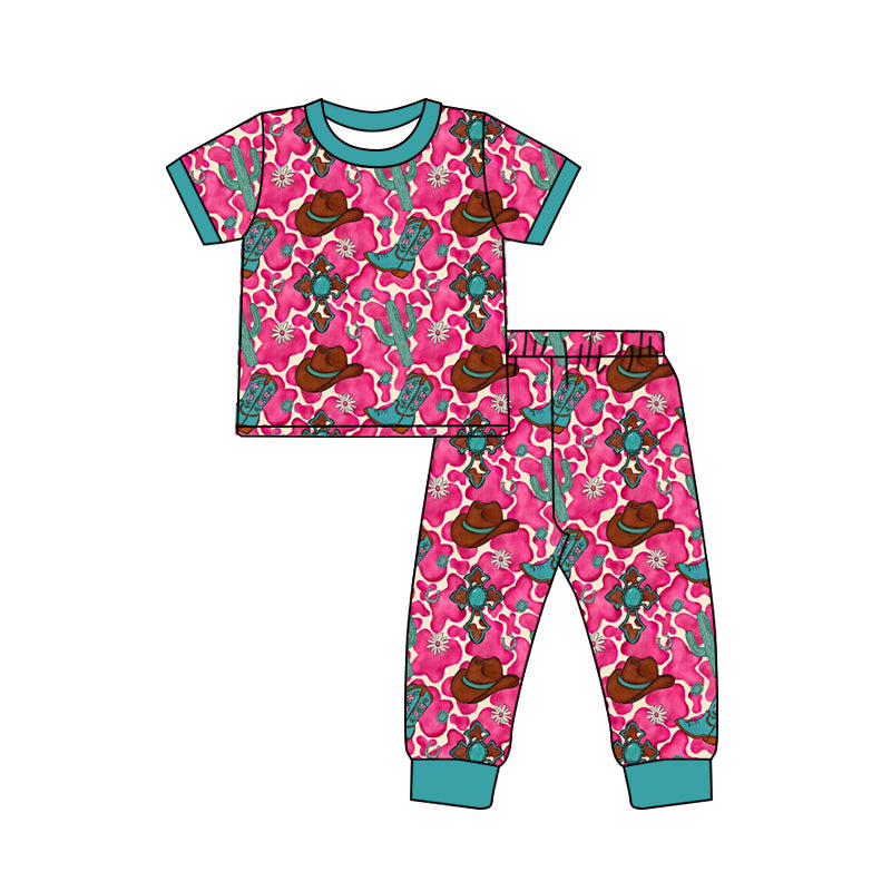 Baby Girls Cow Print Boots Hats Cactus Top Pants Western Pajamas Sets Preorder