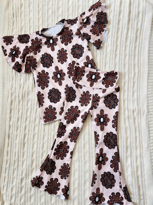 Baby Girls Brown Turquoises Top Bell Bottom Pants Western Clothes Sets Preorder