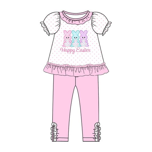 Baby Girls Pink Polka Dots Rabbit Eggs Happy Tunic Leggings Easter Clothes Sets Preorder