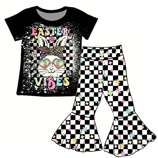 Baby Girls Flowers Rabbit Top Black Checked Bell Bottom Pants Easter Clothes Sets Preorder