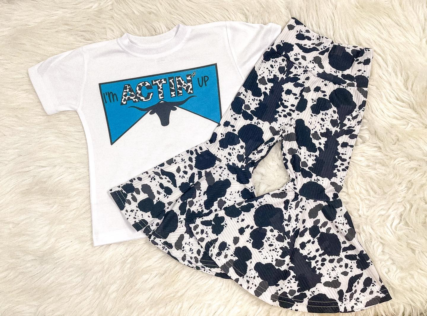 Baby Girls I'm Actin Up Top Cow Print Bell Bottom Pants Western Clothes Sets Preorder
